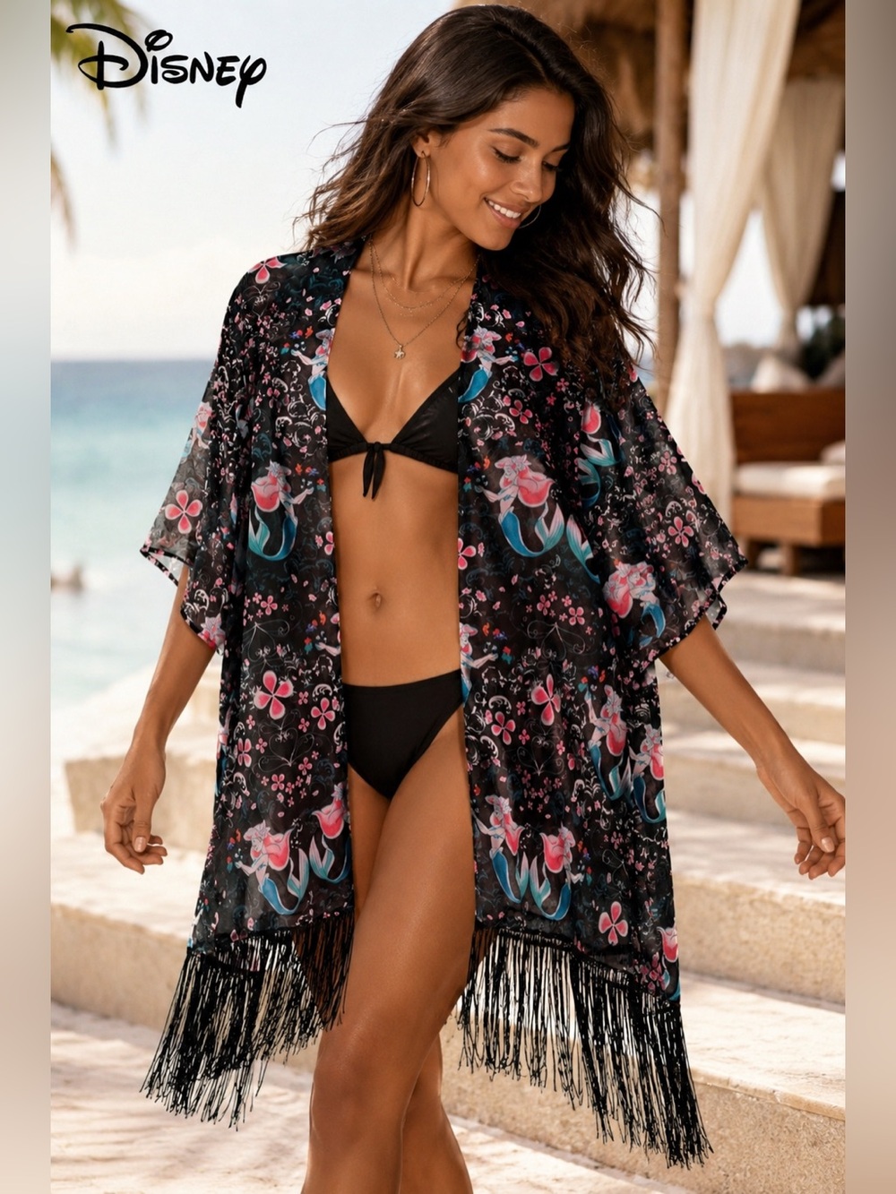 Disney Ariel Watercolor Fringe Kimono Cover Up Small Beach Resort Mermaidcore A3